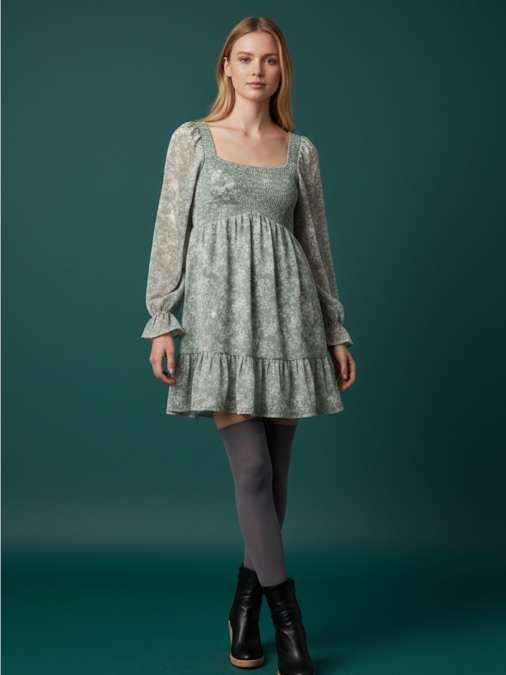 Smocked Square-Neck Mini Dress in Sage Floral